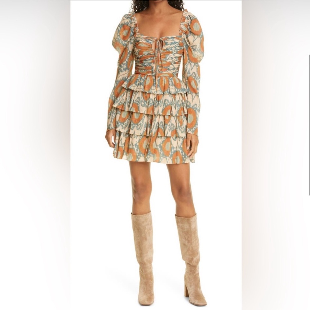 Ulla Johnson Brown Blue Naiya Metallic Gold Shimmer Ruffle Tiered Mini Dress 10